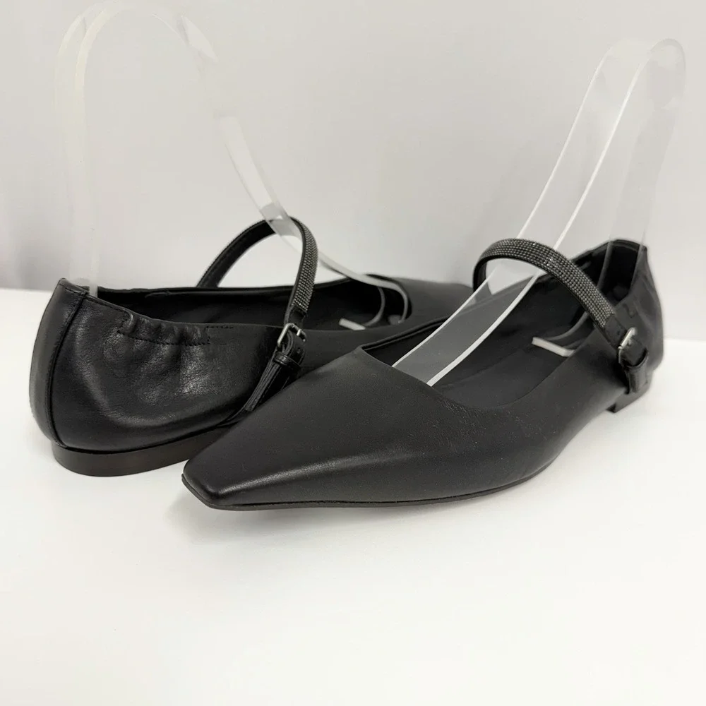 Brunello Cucinelli Mary Jane Leather Shoes Black Monili Crystal NWT $1350 38 1/2